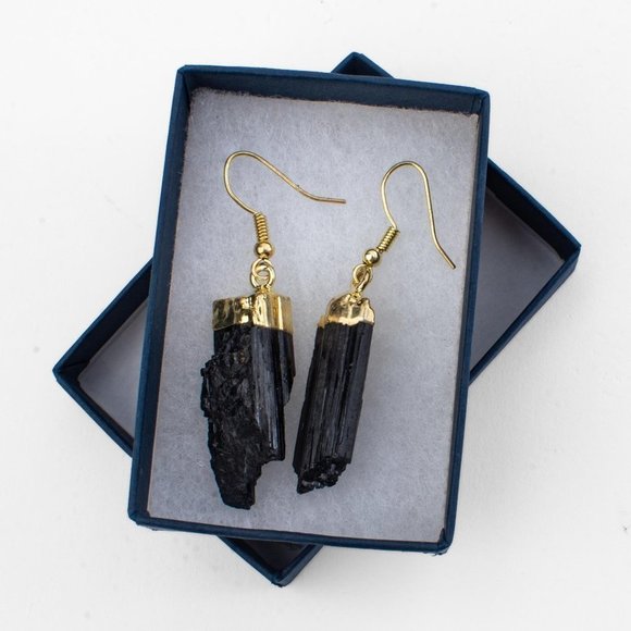 Raw Black Tourmaline Protection Earrings with Gold Trim – Grounding, Positivity - Picture 7 of 7